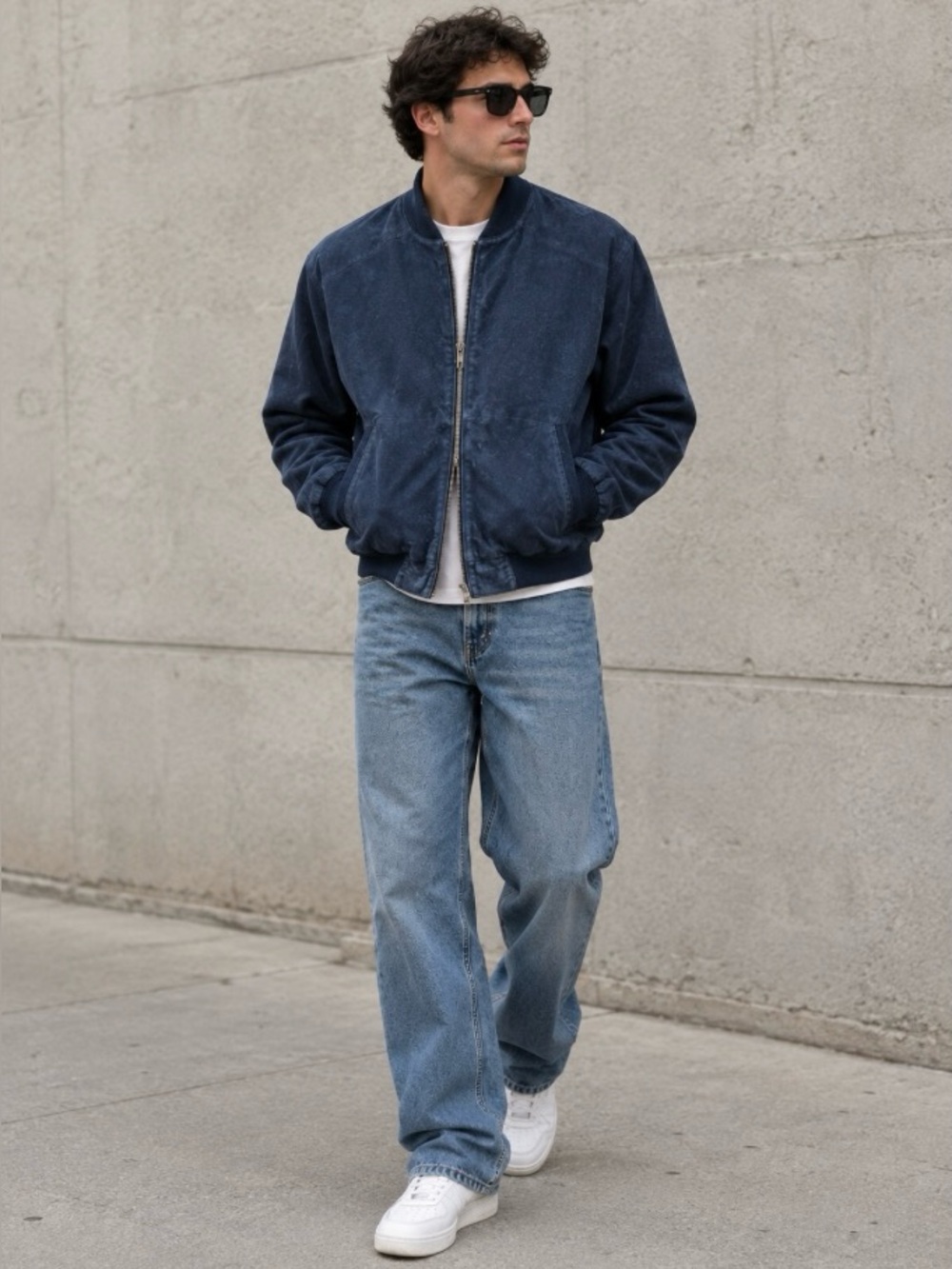 Denver Hayes Navy Bomber Suede Jacket - Classic Zip Front